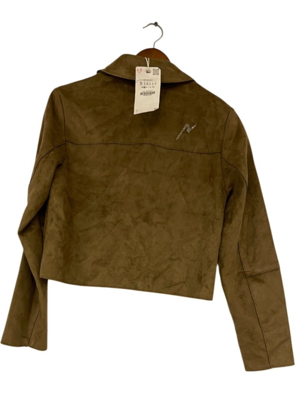 Zara Womens Cropped Faux Suede Jacket S Brown Khaki Button Front 4968/224 NWT - Picture 4 of 12